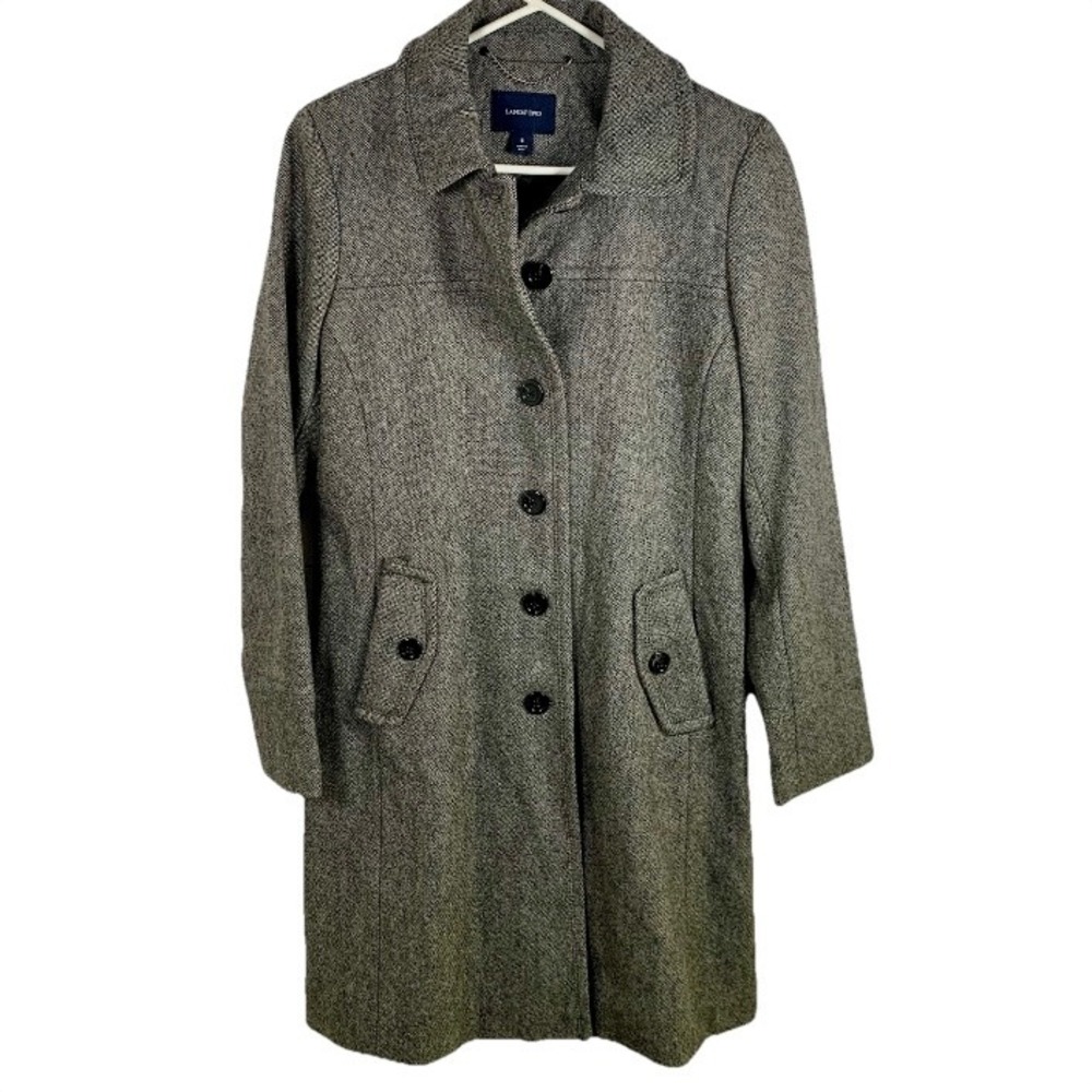 Lands End Peacoat‎ Trench Gray Herringbone Tweed Wool Blend Women Sz 8 Classic